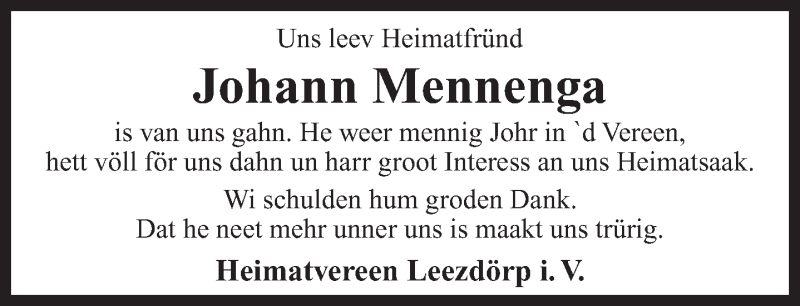  Traueranzeige für Johann Mennenga vom 13.02.2019 aus 