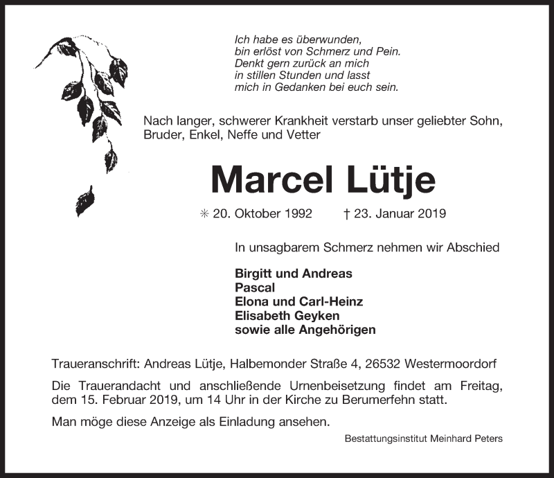  Traueranzeige für Marcel Lütje vom 13.02.2019 aus 