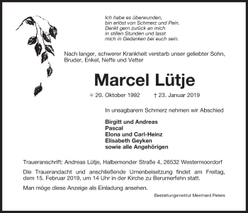 Traueranzeige von Marcel Lütje 