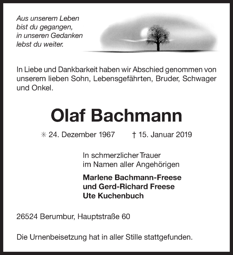  Traueranzeige für Olaf Bachmann vom 09.02.2019 aus 
