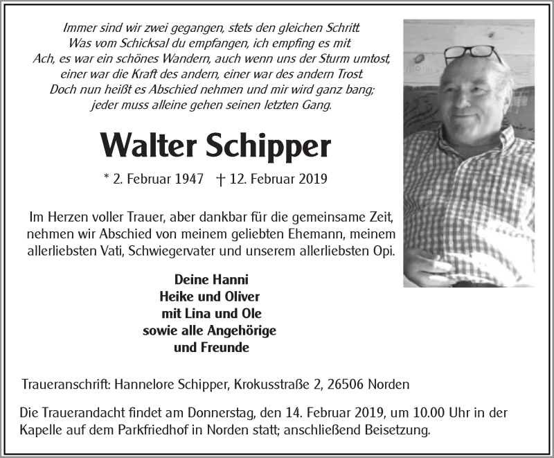  Traueranzeige für Walter Schipper vom 13.02.2019 aus 