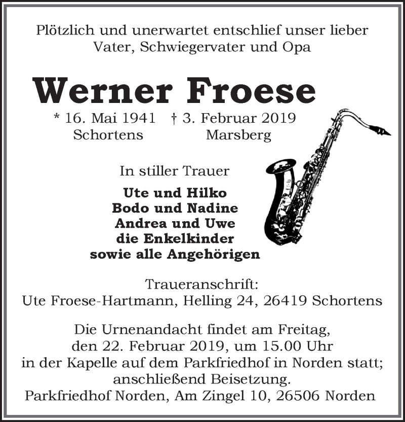  Traueranzeige für Werner Froese vom 16.02.2019 aus 