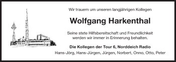 Traueranzeige von Wolfgang Harkenthal 
