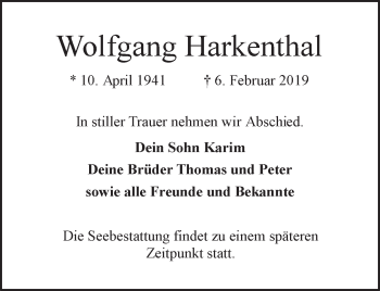 Traueranzeige von Wolfgang Harkenthal 