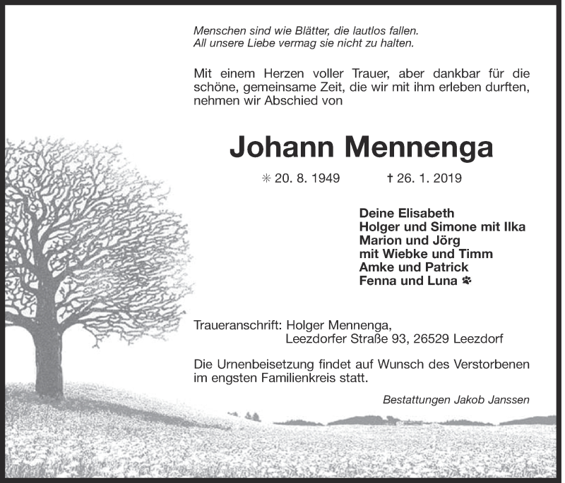  Traueranzeige für Johann Mennenga vom 13.02.2019 aus 