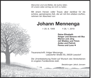 Traueranzeige von Johann Mennenga 
