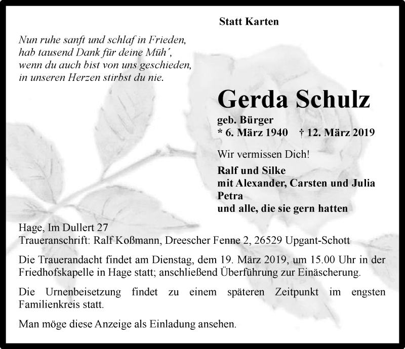  Traueranzeige für Gerda Schulz vom 15.03.2019 aus 