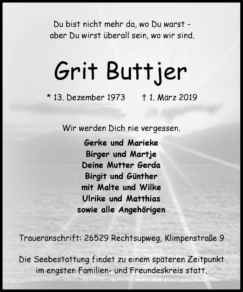  Traueranzeige für Grit Buttjer vom 08.03.2019 aus 