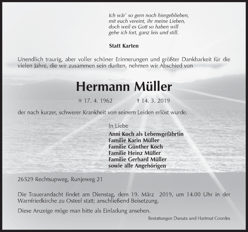  Traueranzeige für Hermann Müller vom 16.03.2019 aus 