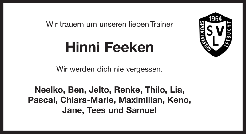  Traueranzeige für Hinni Feeken vom 30.03.2019 aus 