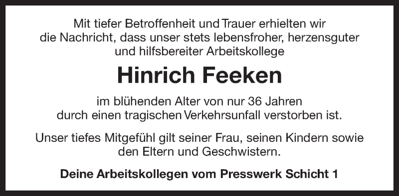  Traueranzeige für Hinrich Feeken vom 30.03.2019 aus 