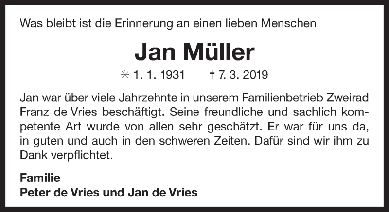  Traueranzeige für Jan Müller vom 13.03.2019 aus 