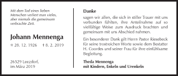 Traueranzeige von Johann Mennenga 