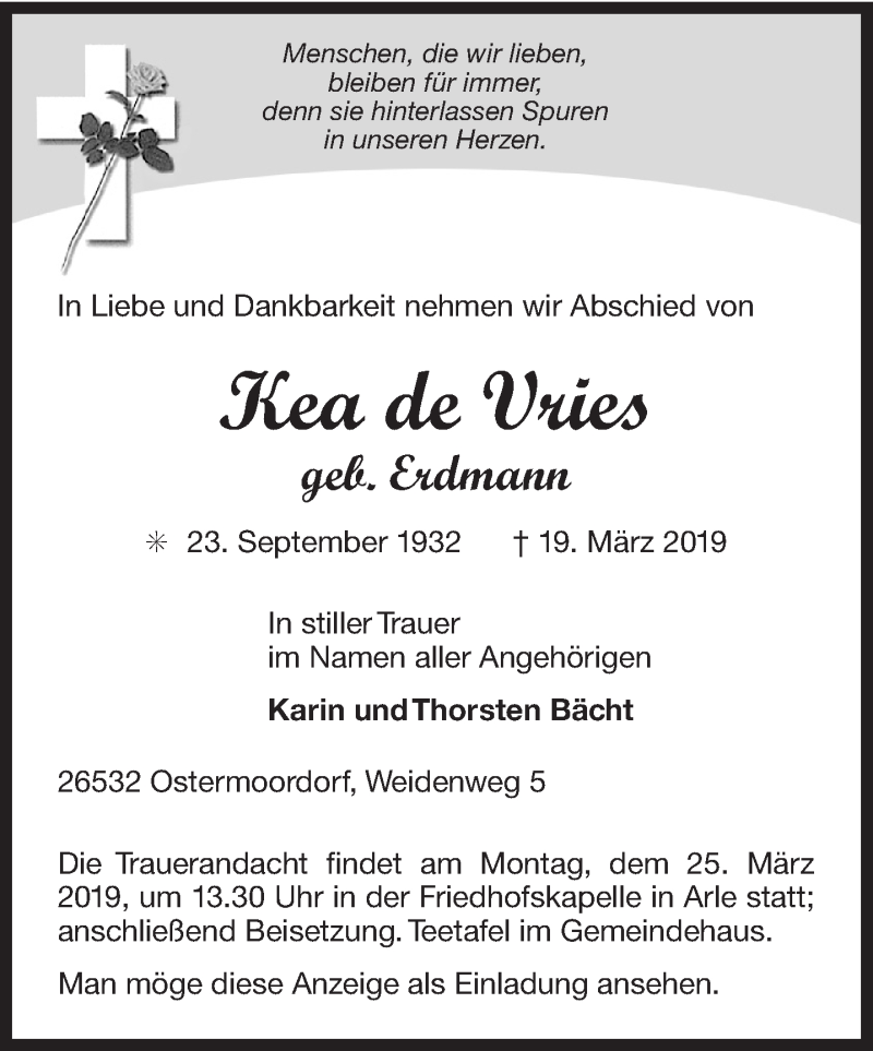  Traueranzeige für Kea de Vries vom 21.03.2019 aus 