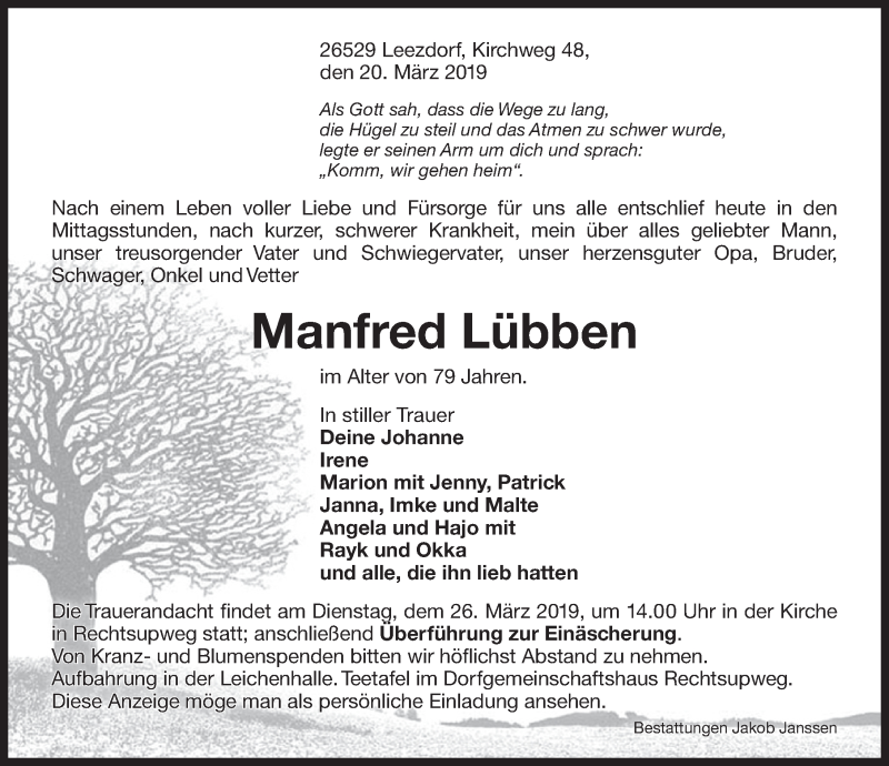  Traueranzeige für Manfred Lübben vom 23.03.2019 aus 