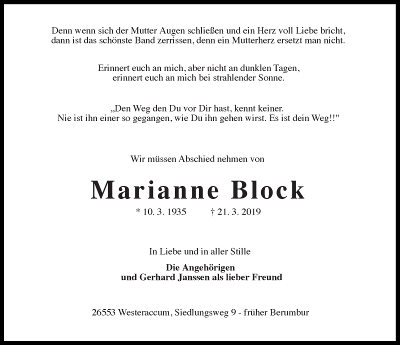  Traueranzeige für Marianne Block vom 23.03.2019 aus 