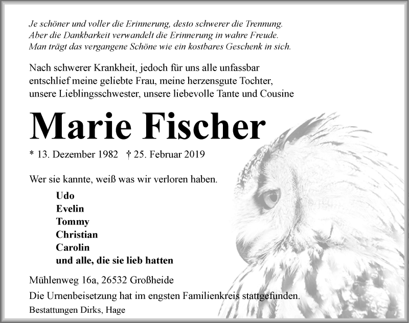  Traueranzeige für Marie Fischer vom 11.03.2019 aus 