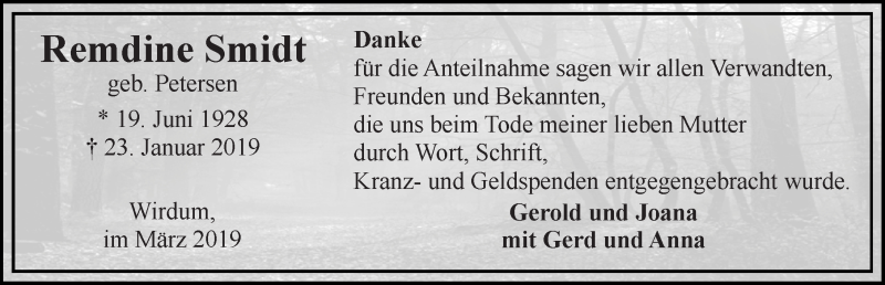  Traueranzeige für Remdine Smidt vom 02.03.2019 aus 