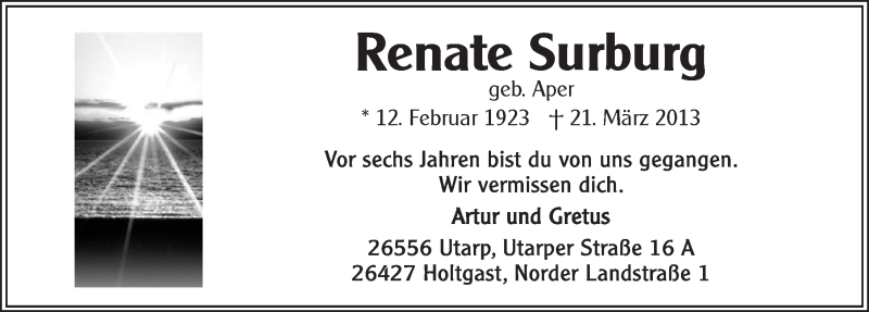  Traueranzeige für Renate Surburg vom 21.03.2019 aus 