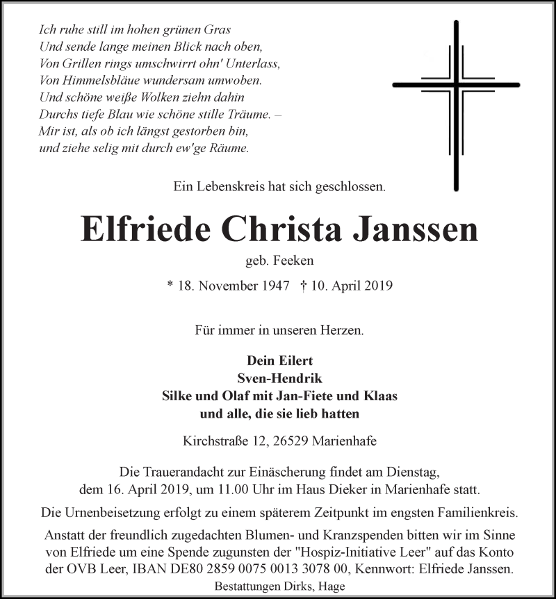  Traueranzeige für Elfriede Christa Janssen vom 13.04.2019 aus 
