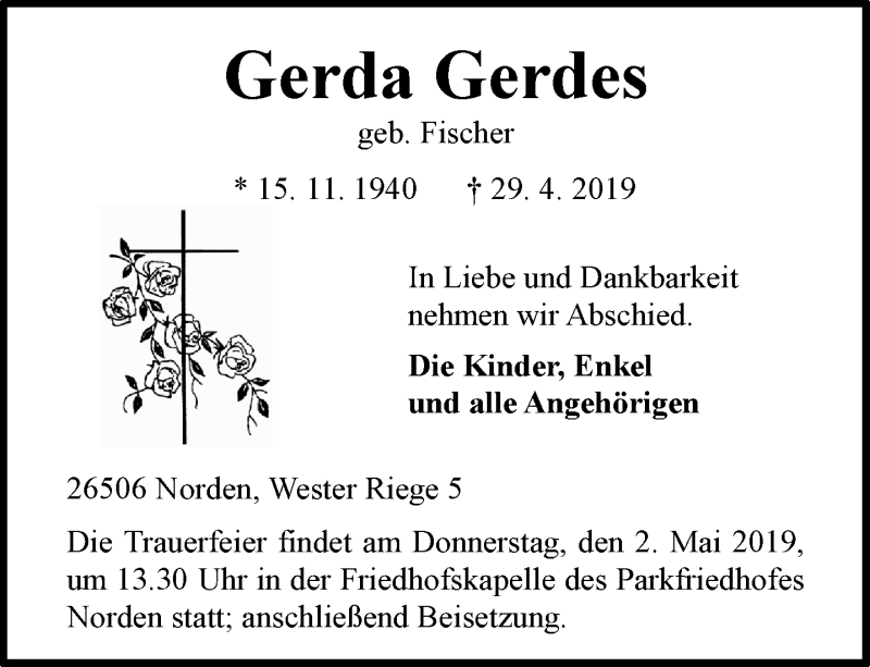  Traueranzeige für Gerda Gerdes vom 30.04.2019 aus 