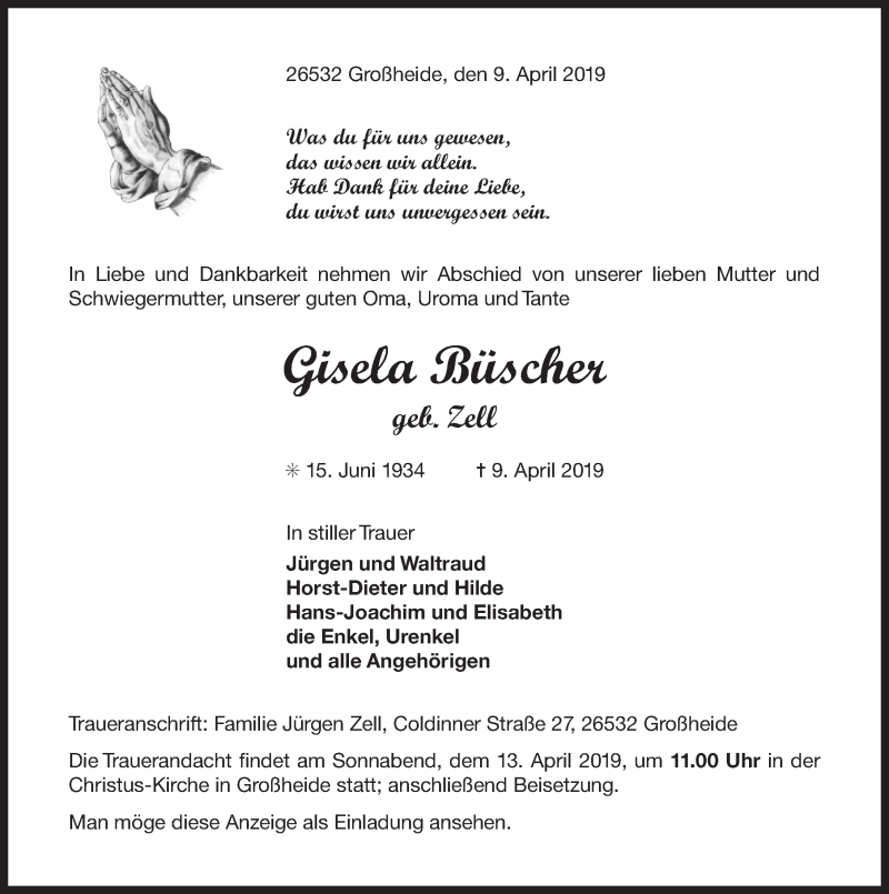  Traueranzeige für Gisela Büscher vom 11.04.2019 aus 