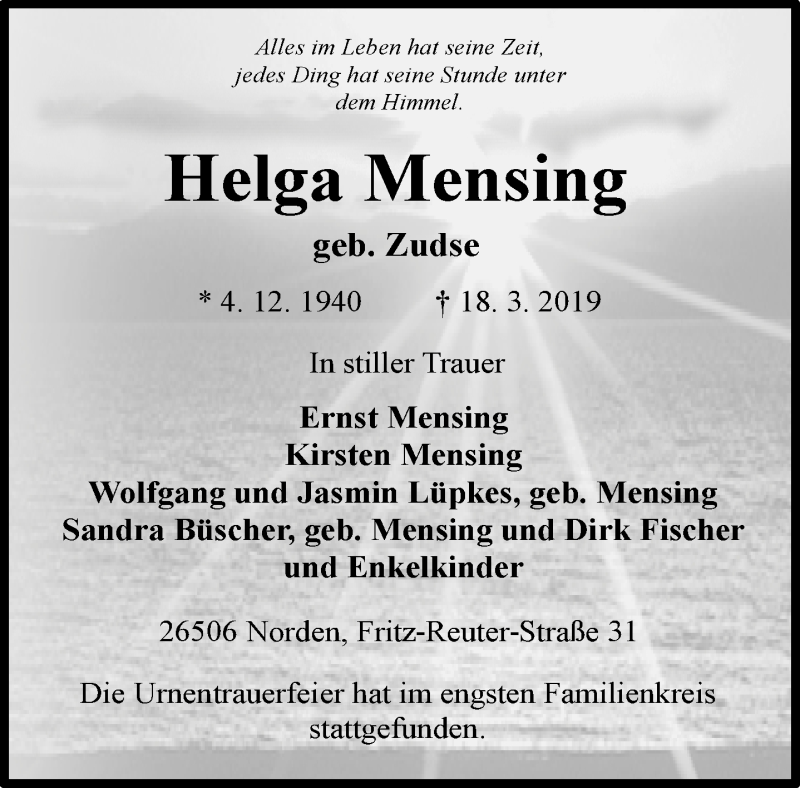  Traueranzeige für Helga Mensing vom 13.04.2019 aus 