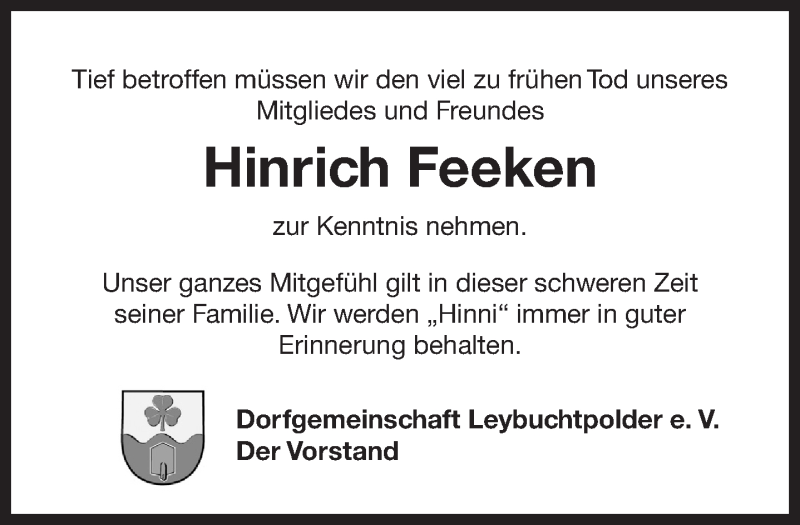  Traueranzeige für Hinrich Feeken vom 02.04.2019 aus 