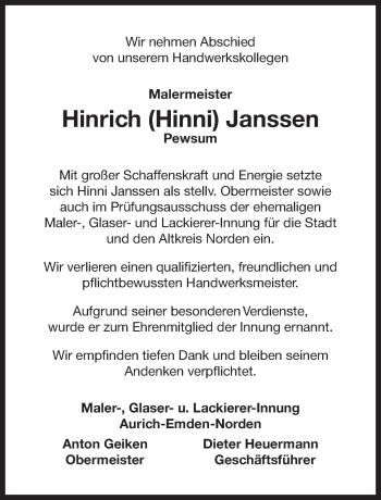 Traueranzeige von Hinrich Hinni Janssen 