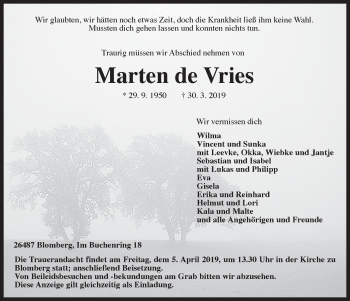 Traueranzeige von Marten de Vries 