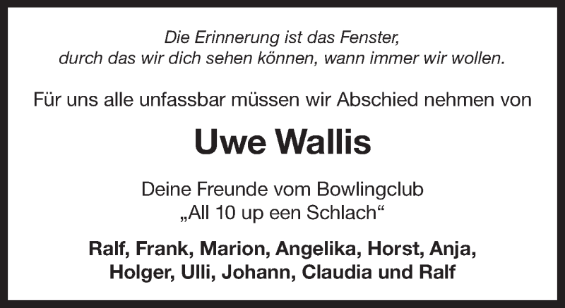  Traueranzeige für Uwe Wallis vom 12.04.2019 aus 