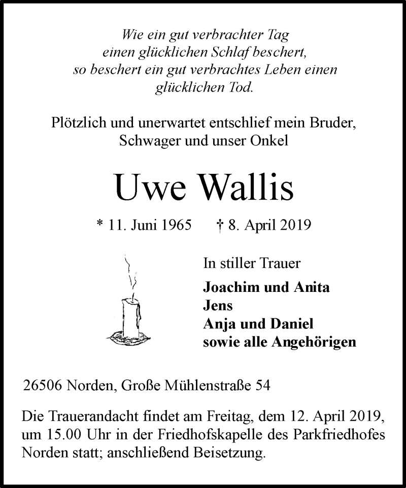  Traueranzeige für Uwe Wallis vom 10.04.2019 aus 