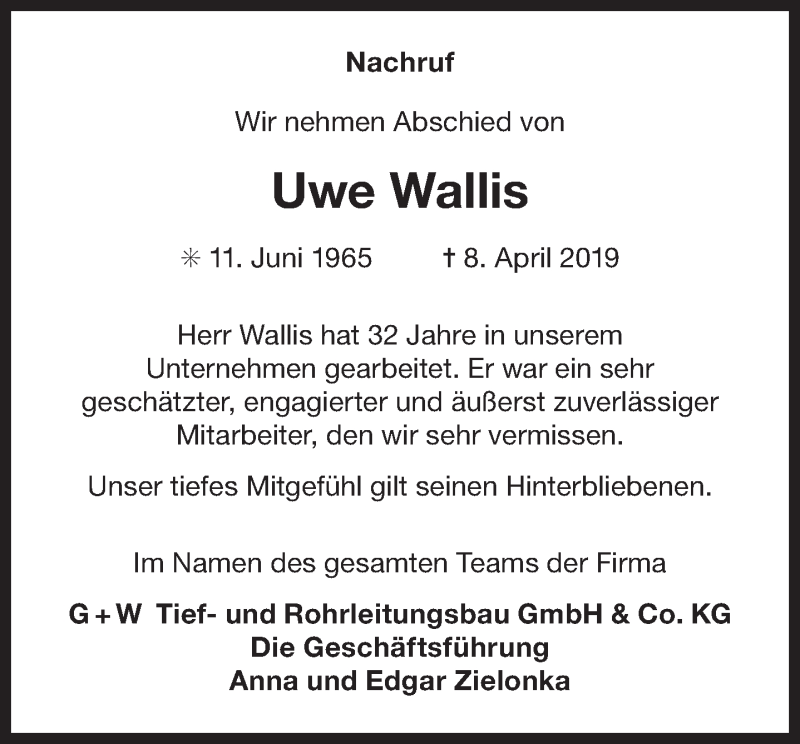  Traueranzeige für Uwe Wallis vom 13.04.2019 aus 