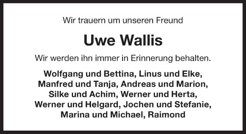  Traueranzeige für Uwe Wallis vom 13.04.2019 aus 