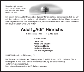 Traueranzeige von Adolf Hinrichs 