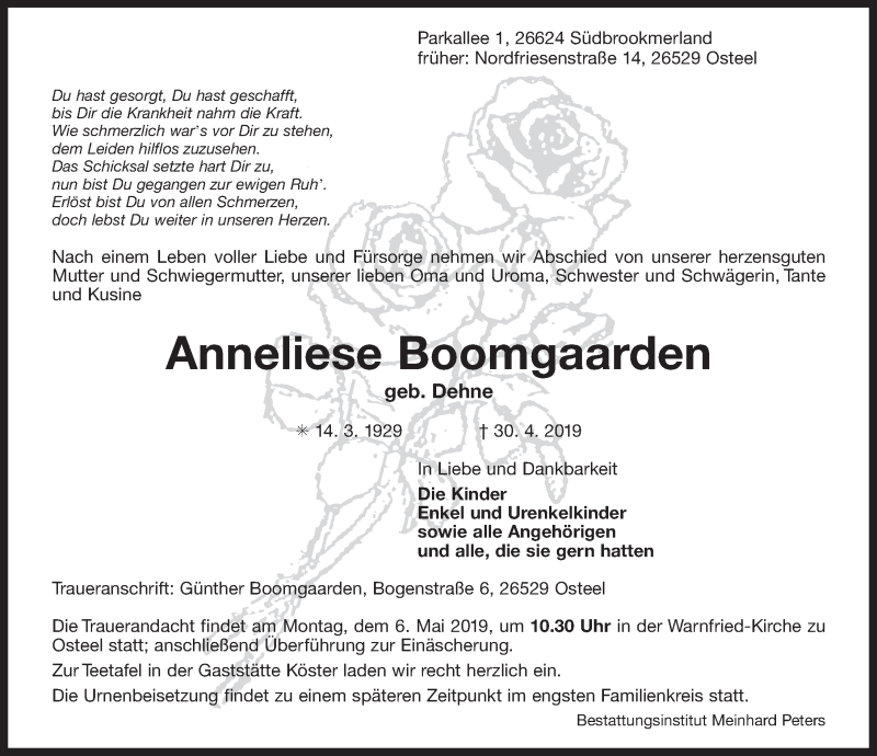 Traueranzeige für Anneliese Boomgaarden vom 03.05.2019 aus 