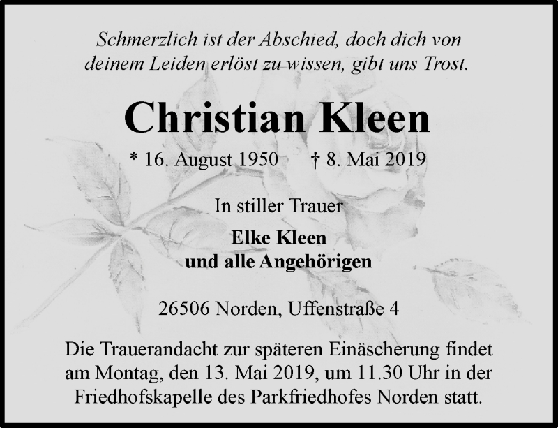  Traueranzeige für Christian Kleen  vom 10.05.2019 aus 