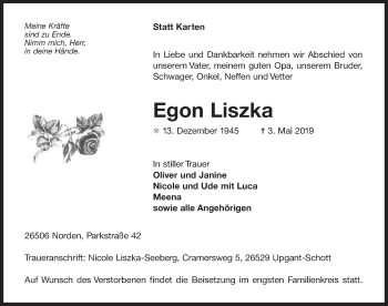 Traueranzeige von Egon Liszka 