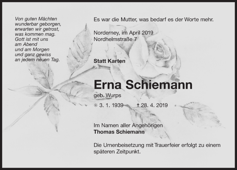  Traueranzeige für Erna Schiemann vom 02.05.2019 aus 