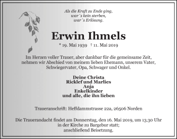 Traueranzeige von Erwin Ihmels 