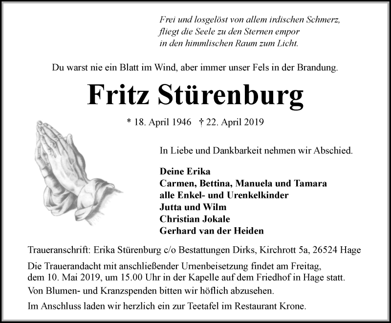  Traueranzeige für Fritz Stürenburg vom 04.05.2019 aus 