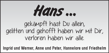 Traueranzeige von Hans-Hermann Westdörp 