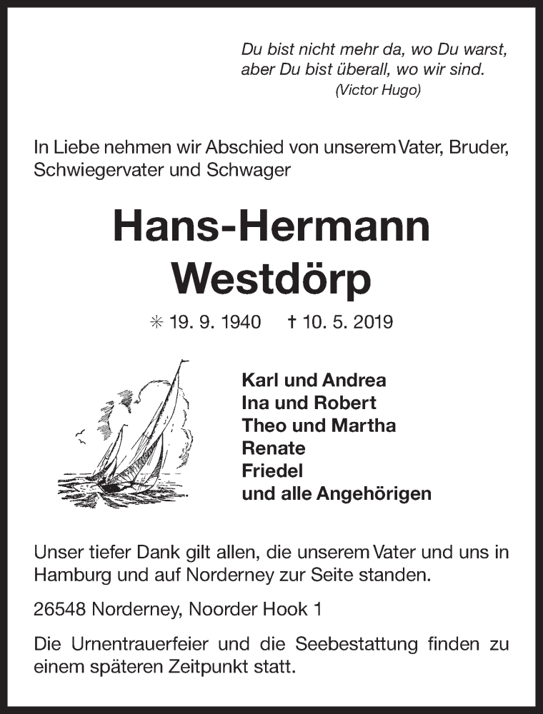  Traueranzeige für Hans-Hermann Westdörp vom 14.05.2019 aus 