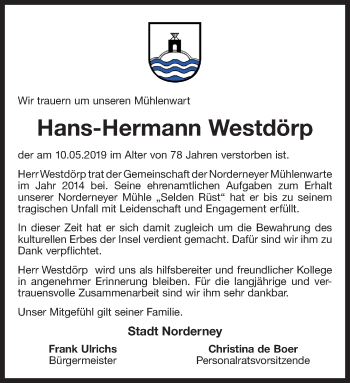 Traueranzeige von Hans-Hermann Westdörp 