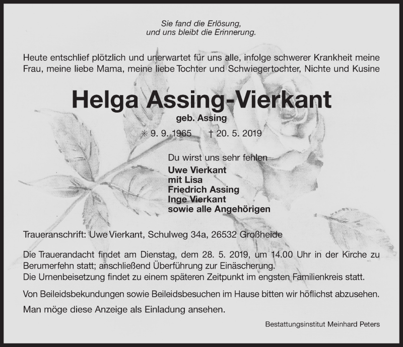  Traueranzeige für Helga Assing-Vierkant  vom 25.05.2019 aus 