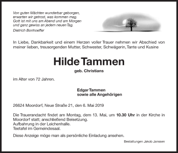 Traueranzeige von Hilde Tammen 