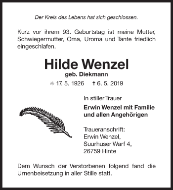 Traueranzeige von Hilde Wenzel 