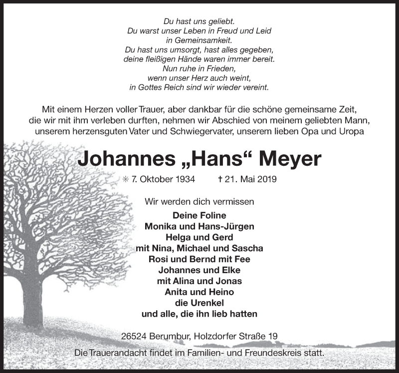  Traueranzeige für Johannes Meyer vom 23.05.2019 aus 