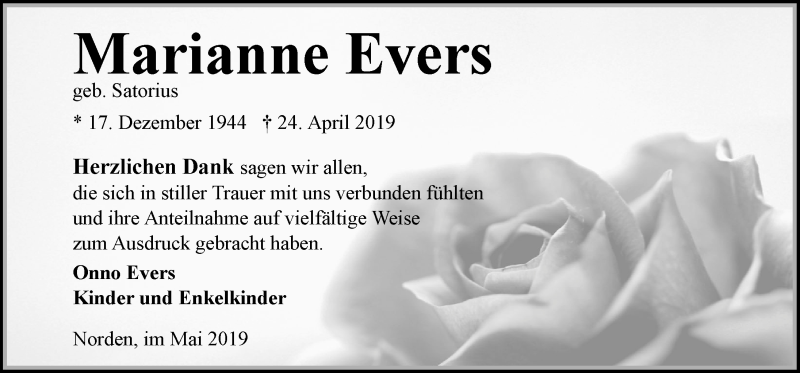  Traueranzeige für Marianne Evers vom 25.05.2019 aus 