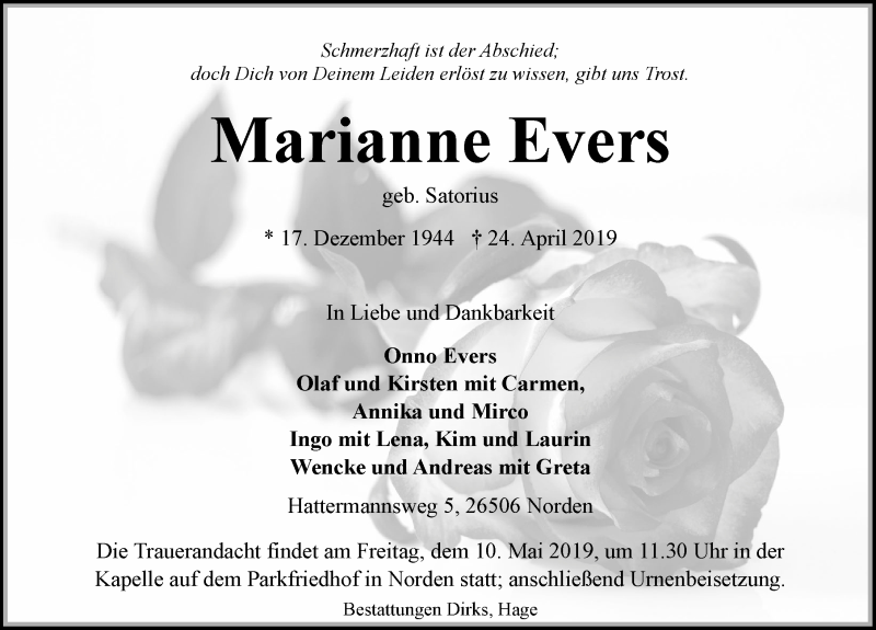  Traueranzeige für Marianne Evers vom 04.05.2019 aus 